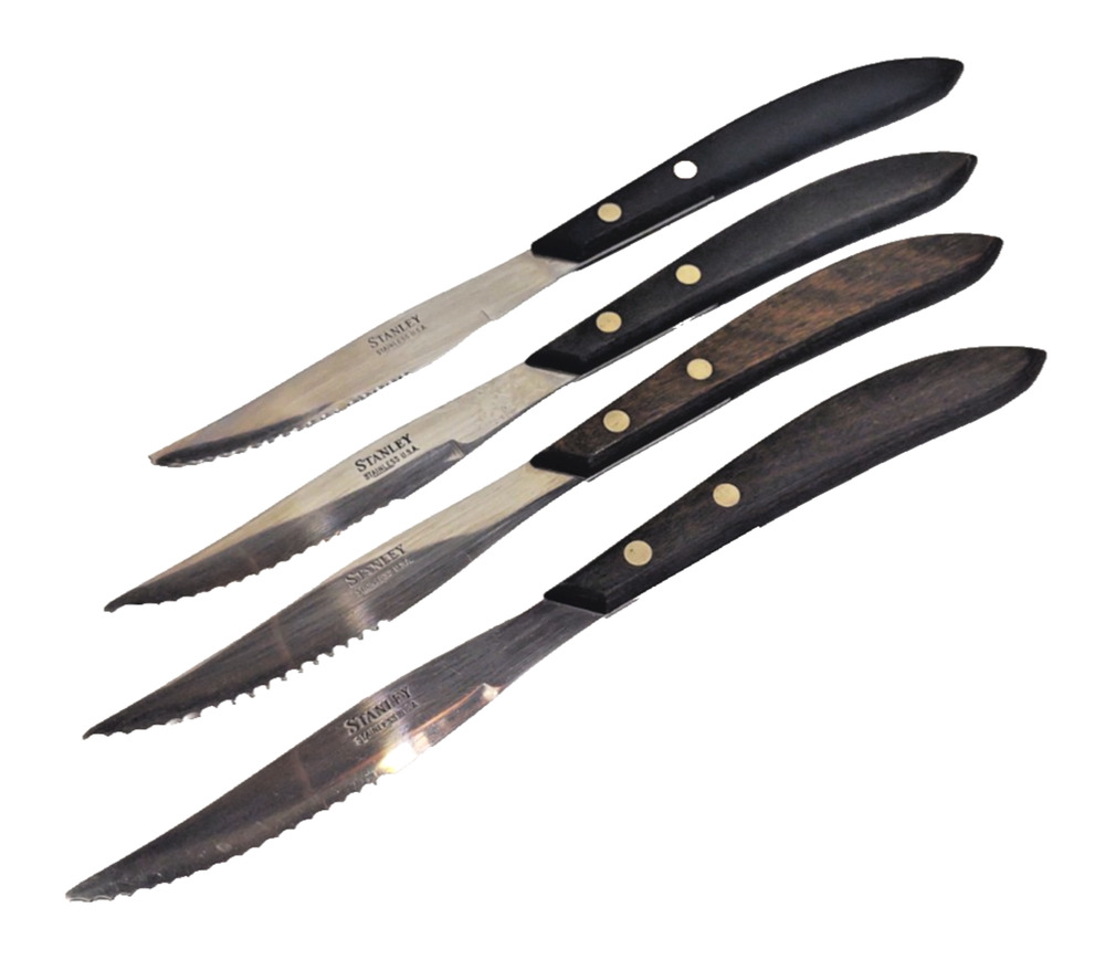 Vintage Stanley Steak Knives Stainless Steel Curved Wood Handle Tang 4 Pack